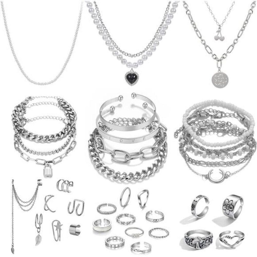 Trendy Silver-Tone Jewelry Set–Necklaces, Bracelets, Rings & Earrings Collection